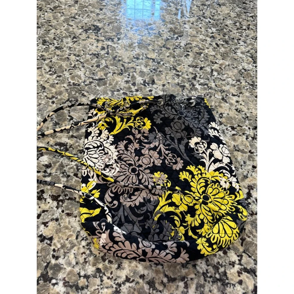 Vera Bradley Provencal‎ Quilted Drawstring Backpack Yellow Black Floral Damask